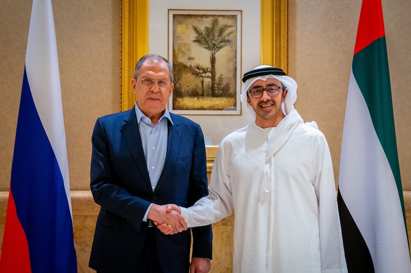 A handout photo made available by the Emirates News Agency (WAM) shows Russian Foreign Minister Sergei Lavrov (L) shaking hands with United Arab Emirates Minister of Foreign Affairs and International Co-operation Sheikh Abdullah bin Zayed bin Sultan Al Nahyan (R) in Abu Dhabi, United Arab Emirates, 03 November 2022.   EPA / EMIRATES NEWS AGENCY  /  HANDOUT HANDOUT  HANDOUT EDITORIAL USE ONLY / NO SALES