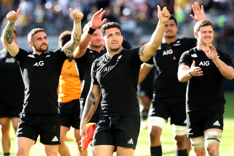All Blacks players salute the crowd after winning the Bledisloe Cup match against Australia in Perth. Getty Images
