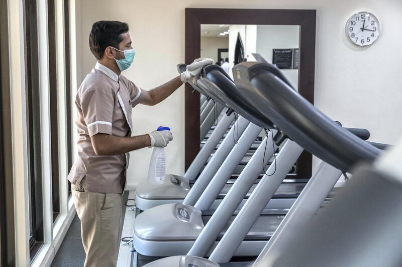 RAS AL KHAIMAH, UNITED ARAB EMIRATES. 21 MAY 2020. A tour with RAK Tourism Development Authority inspectors to know more about Hilton Ras Al Khaimah  Resort & Spa’s preventive and hygiene measures as they open up after the hotel lockdown. Gym equipment is santized after each use and access to the gym is limited to maintain social distancing. (Photo: Antonie Robertson/The National) Journalist: Ruba Haza. Section: National.