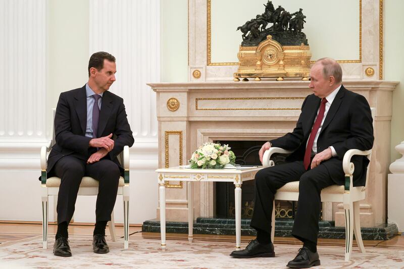 Syrian President Bashar Al Assad and Russian President Vladimir Putin held talks at the Kremlin in Moscow, on Wednesday. AP