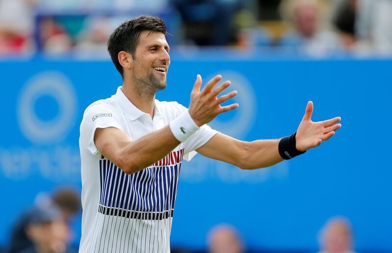 Novak Djokovic celebrates reaching the Aegon Classic final on Friday. Matthew Childs / Reuters