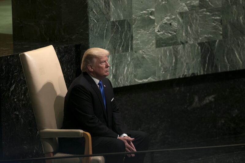 U.S. President Donald Trump sits after speaking during the UN General Assembly meeting in New York, U.S., on Tuesday, Sept. 19, 2017. Trump told world leaders in his first address to the United Nations that North Korea's pursuit of nuclear weapons is a suicide mission that will lead to its destruction if not stopped by collective action by the rest of the world. Photographer: Caitlin Ochs/Bloomberg