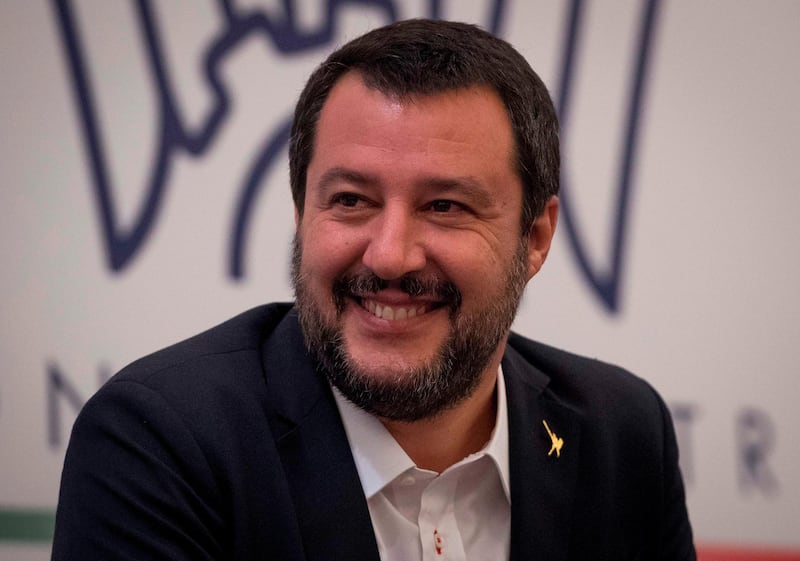 Italian Interior and Deputy Prime Minister Matteo Salvini looks on as he attends the annual meeting of Confindustria Russia, the local branch of the General Confederation of Italian Industry in Moscow on October 17, 2018. / AFP / Mladen ANTONOV
