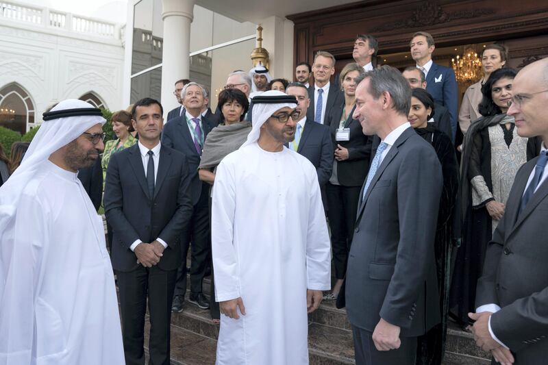 ABU DHABI, UNITED ARAB EMIRATES - October 23, 2017: HH Sheikh Mohamed bin Zayed Al Nahyan, Crown Prince of Abu Dhabi and Deputy Supreme Commander of the UAE Armed Forces (3rd R) speaks with Dr Andreas Jacobs, Chairman of INSEAD (2nd R), during a Sea Palace barza. Seen with HE Dr Ali Rashid Al Nuaimi, Director General of Abu Dhabi Education Council and Abu Dhabi Executive Council Member (L).

( Hamad Al Kaabi / Crown Prince Court - Abu Dhabi )
—