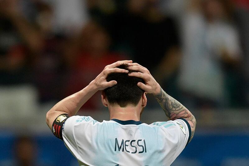 Argentina's Lionel Messi gestures after missing a goal opportunity against Colombia. AFP