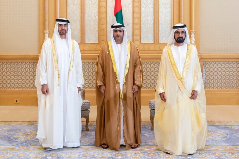 Sheikh Mohammed bin Rashid, Vice President, Prime Minister and Ruler of Dubai, and Sheikh Mohamed bin Zayed, Crown Prince of Abu Dhabi and Deputy Supreme Commander of the Armed Forces, with Abdullah Al Nuaimi, Minister of Justice.