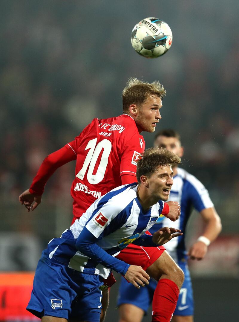 BERLIN, GERMANY - NOVEMBER 02: Sebastian Andersson of 1. FC Union Berlin wins a header during the Bundesliga match between 1. FC Union Berlin and Hertha BSC at Stadion An der Alten Foersterei on November 02, 2019 in Berlin, Germany. (Photo by Maja Hitij/Bongarts/Getty Images)