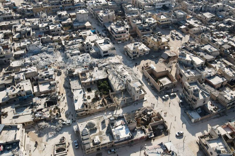 Destroyed buildings in Syria's rebel-held village of Atarib, in the north-western Aleppo province. AFP