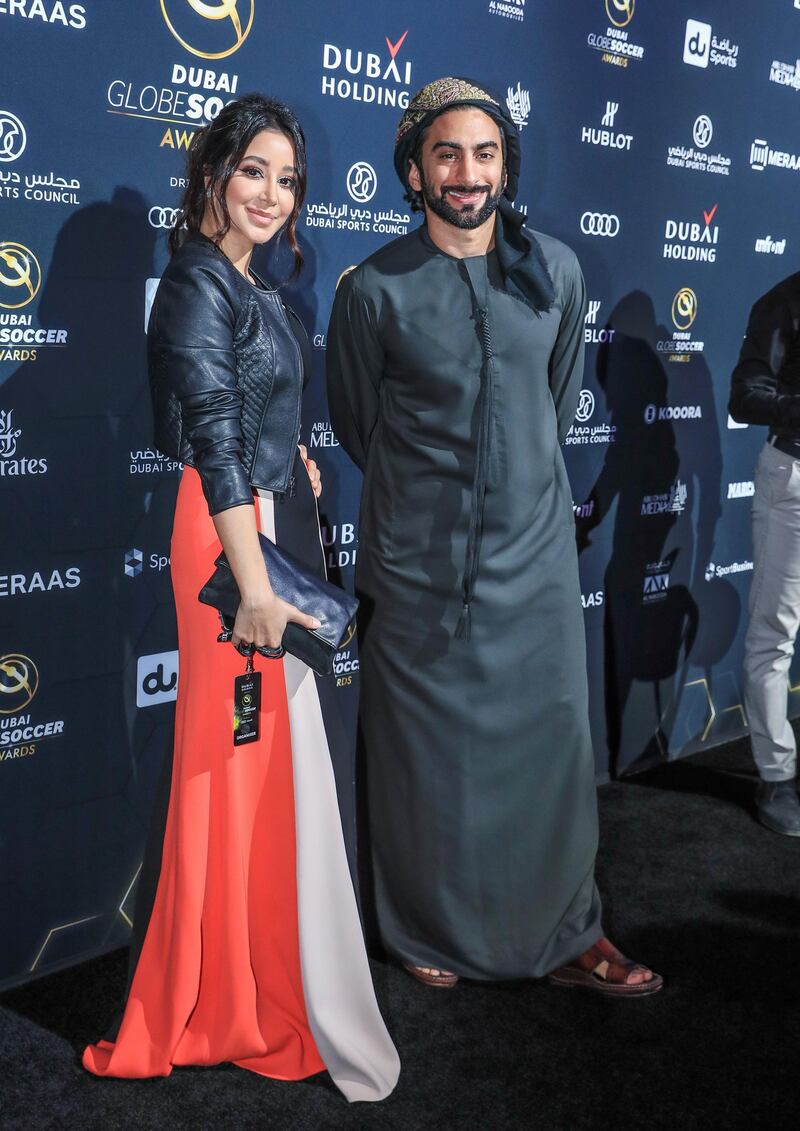 Dubai, U.A.E. . January 3, 2019.
Global Soccer Awards, red carpet at the Madinat Jumeirah.  (L-R)  Aseel Omran and Anas Bukhash at the red carpet.
Victor Besa / The National
Section:  SP
Reporter: