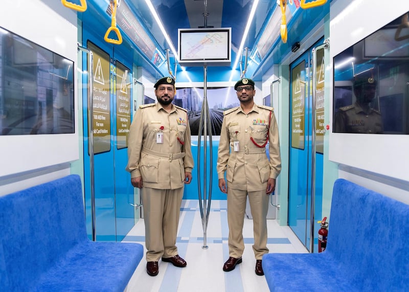 DUBAI, UNITED ARAB EMIRATES. 15 NOVEMBER 2020. 
Captain Yaqoub Saleh, left, and Captain Wahid Faraj at Hamdan Smart Station for Simulation and Training. The training facility of the Transport Security Department in Dubai aims to enhance security efforts and increase the readiness of security and law enforcement personnel. Equipped with the latest tools, the station utilises virtual reality and simulation technologies to provide comprehensive scenario-based emergency training.

(Photo: Reem Mohammed/The National)

Reporter:
Section: