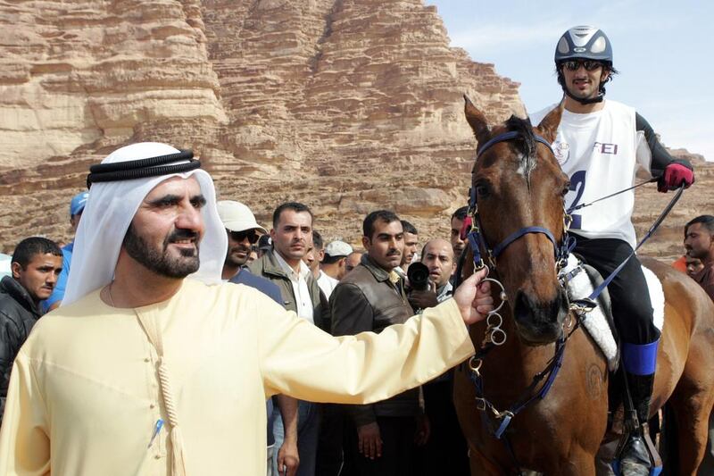 Sheikh Rashid bin Mohammed pictured after a race with Sheikh Mohammed bin Rashid, Vice President and Ruler of Dubai.