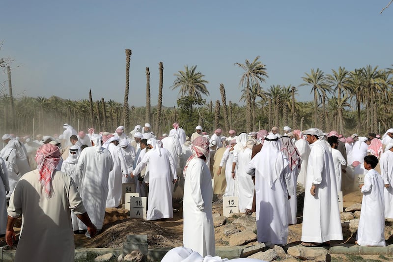 FUJAIRAH , UNITED ARAB EMIRATES , JAN 22 – 2018 :- Relatives and friends at the funeral of seven Emirati children four girls and three boys who died of smoke inhalation on Monday morning house fire at Rul Dhadna village in Fujairah.  (Pawan Singh / The National) For News. Story by Ruba Haza