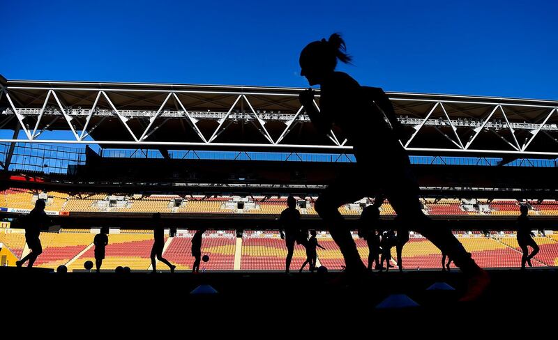 Brisbane Roar players warm up before their match against Canberra United at Suncorp Stadium. Getty Images