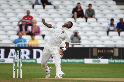 India's Hardik Pandya bowls during the fifth day of the third Test cricket match between England and India at Trent Bridge in Nottingham, central England on August 22, 2018. (Photo by Paul ELLIS / AFP) / RESTRICTED TO EDITORIAL USE. NO ASSOCIATION WITH DIRECT COMPETITOR OF SPONSOR, PARTNER, OR SUPPLIER OF THE ECB