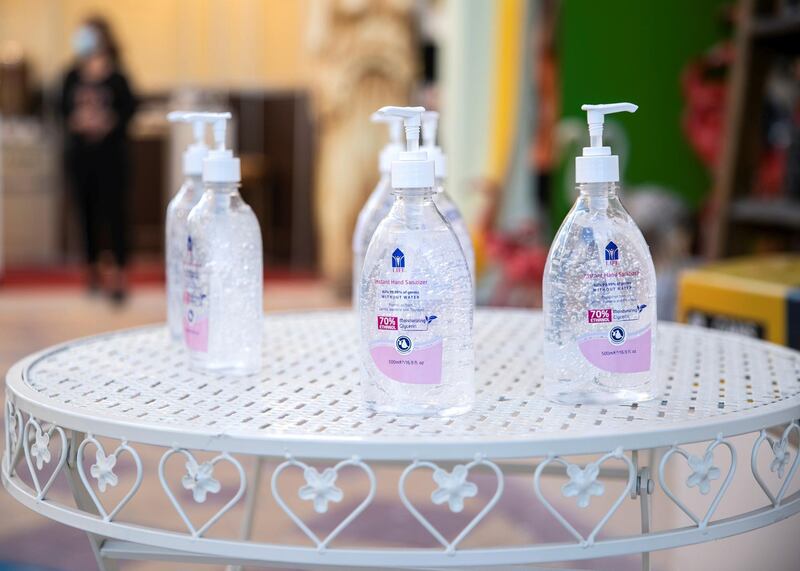 DUBAI, UNITED ARAB EMIRATES. 25 OCTOBER 2020. 
Sanitizers are present at some pavilions’ entrance. Global Village celebrates it’s 25th season this year.
(Photo: Reem Mohammed/The National)

Reporter:
Section: