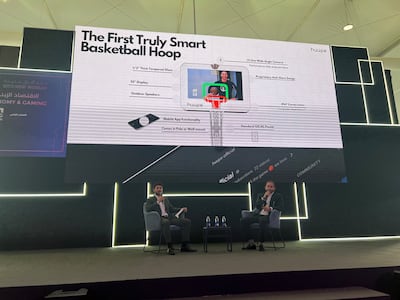 Huupe co-founders Paul Anton and Lyth Saeed discuss their AI-infused, smart basketball hoop at the 2024 Leap technology conference in Riyadh. Cody Combs / The National

