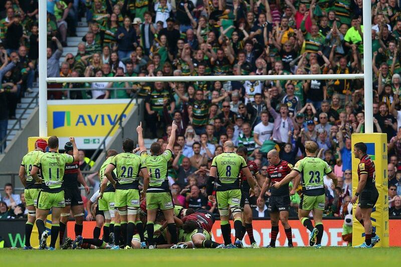 Dylan Hartley of Northampton Saints celebrates as Alex Waller scores the winning try on Saturday in the Aviva Premiership final. Mark Thompson / Getty Images / May 31, 2014