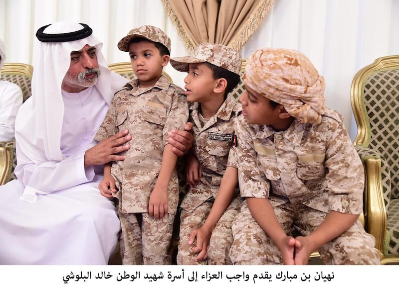 Sheikh Nahyan bin Mubarak, Minister of Culture and Knowledge Development, offers his condolences to the family of Khalid Al Balooshi who died while serving the UAE Armed Forces in Yemen. Wam