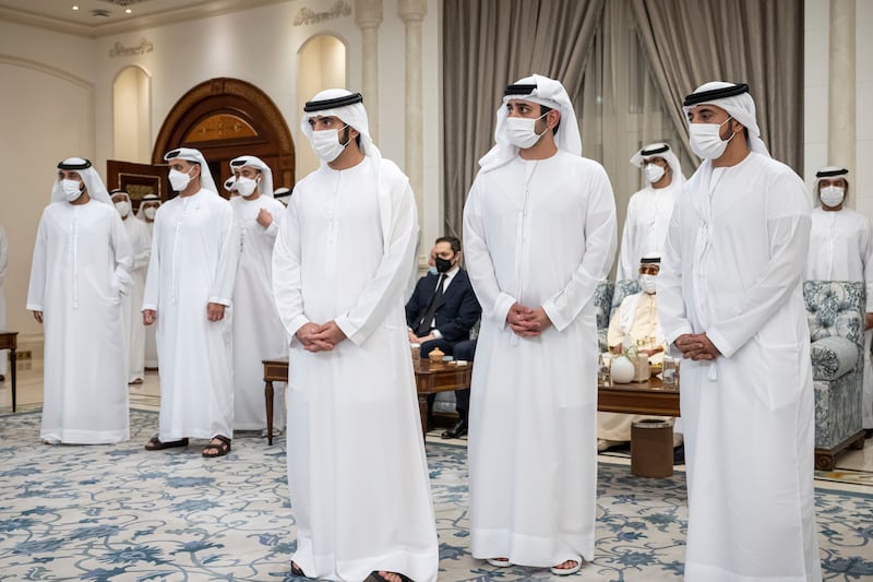 Sheikh Ahmed bin Mohammed, second right, and Sheikh Hamdan bin Mohammed, Crown Prince of Dubai, at Mushrif Palace.
