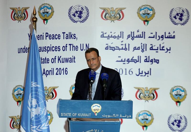Yemen's United Nations envoy Ismail Ould Cheikh Ahmed holds a press conference at the ministery of information in Kuwait City on April 30, 2016. Yemen's warring parties began face-to-face peace talks on "key issues" in a bid to end the conflict in the impoverished Arab country, the United Nations said. / AFP / YASSER AL-ZAYYAT