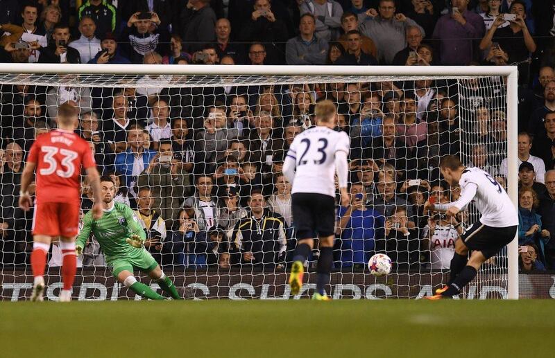 Vincent Janssen of Spurs scores his side’s third goal from the penalty spot. Mike Hewitt / Getty Images