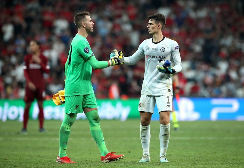 Liverpool goalkeeper Adrian shakes hands with Chelsea goalkeeper Kepa Arrizabalaga during the UEFA Super Cup Final. PA Wire