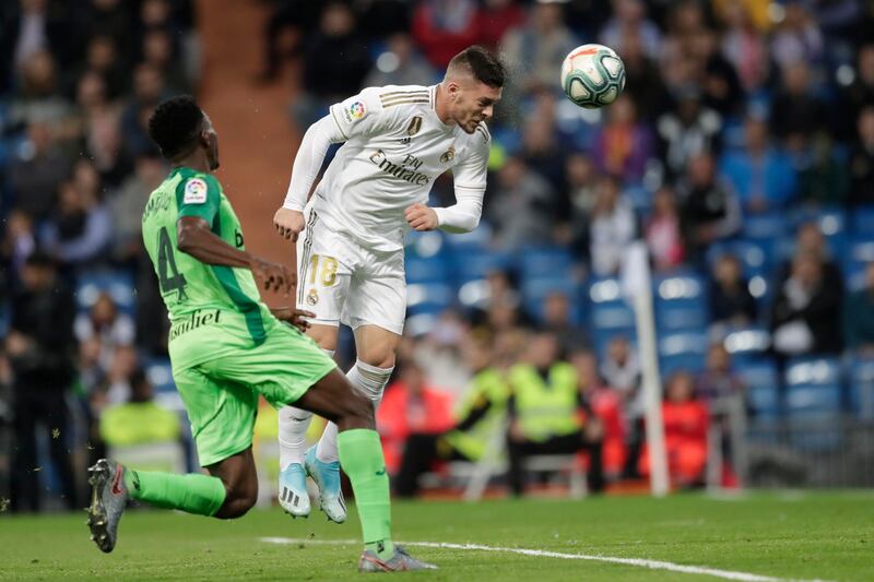 Real Madrid's Luka Jovic, right, heads home, only for the goal to be disallowed for offside. AP