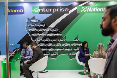 DUBAI, UNITED ARAB EMIRATES. 28 APRIL 2019. The third day of Arabian Travel Market at the Dubai World Trade Center. General image for gallery. National rent a car company stand. (Photo: Antonie Robertson/The National) Journalist: None. Section: National.