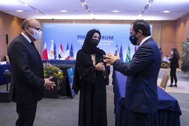Reem Al Hashimy UAE's Minister of State for International Co-operation, with Bahrain's Foreign Affairs Minister Abdullatif Al Zayani, left, and Cypriot Foreign Affairs Minister Nikos Christodoulides at the Philia Forum in Athens earlier in the week. AFP