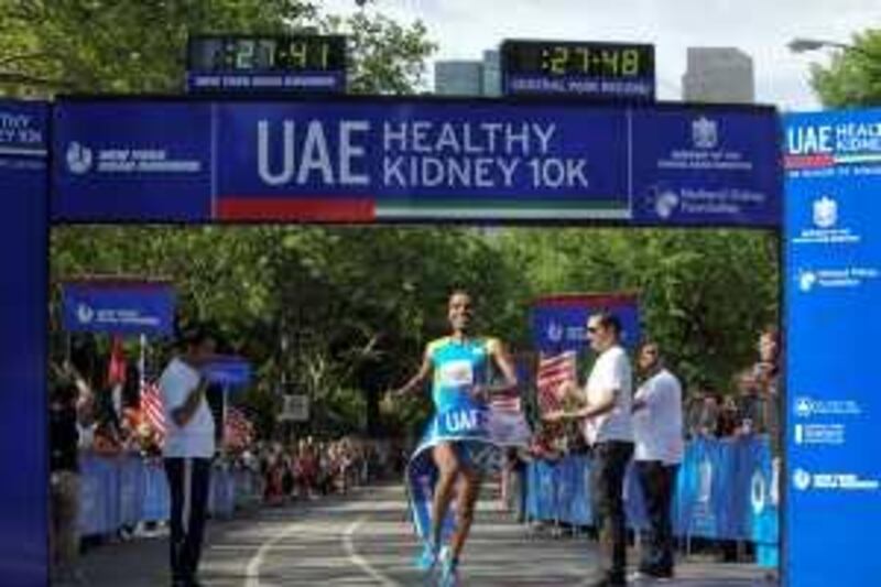 Robert Stolarik for The National
New York, NY
May 15, 2010
Hundreds of runners came out to Central Park Saturday morning for the UAE Healthy Kidney 10K race.
Gebre GbreGebremariam (25) from Ethiopia finishes the race with a course record of 27:42