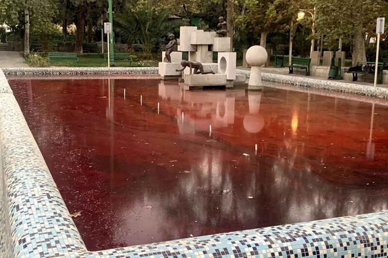 The fountain at Park Daneshjoo (Student Park) in the Iranian capital Tehran on Friday, coloured red in protest against a bloody crackdown on three weeks of demonstrations sparked by the death in custody of Mahsa Amini. AFP