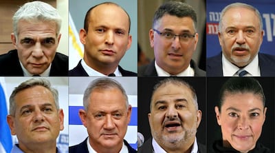 The new coalition is made up of (from left to right): Yesh Atid led by Yair Lapid, Yamina led by Naftali Bennett, New Hope led by Gideon Sa'ar, Israel Beiteinu led by Avigdor Lieberman, Meretz led by Nitzan Horowitz, Kahol Lavan led by Benny Gantz, RAAM led by Mansour Abbas and Labour led by Merav Michaeli. AFP 