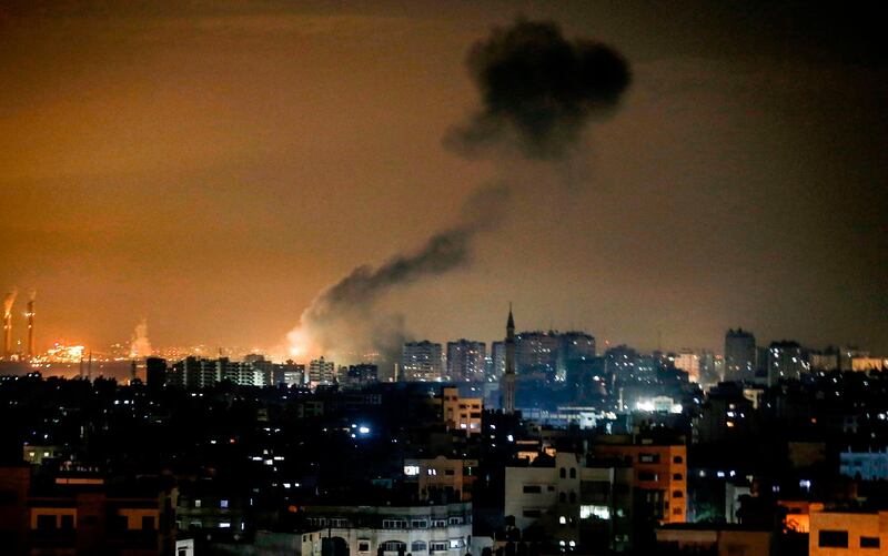 Smoke rises following an Israeli airstrike on Gaza City on January 15, 2020. The Israeli military said four rockets were fired from Hamas-controlled Gaza, the first since Israel's ally the US killed top Iranian general Qasem Soleimani. / AFP / MAHMUD HAMS
