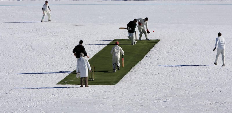 ST. MORITZ, SWITZERLAND - FEBRUARY 02:  Winterthur XI play Old Salopians XI during the 19th Cricket Tournament on Ice held on the frozen surface of Lake St. Moritz on February 2, 2007 in St. Moritz, Switzerland. The tournament first took place in 1988, when a group of Britons challenged the students of the international boarding school Lyceum Alpinum Zuoz to a game. Since then it has become an integral part of the cricket calendar, attracting international players and high-flying businessmen from all over the world. (Photo by Scott Barbour/Getty Images)