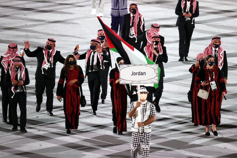 Jordan delegation parades during the Opening Ceremony of the Tokyo 2020 Olympic Games at the Olympic Stadium in Tokyo.