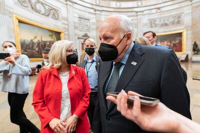 Former US vice president Dick Cheney with congresswoman Liz Cheney in the US Capitol on January 6, 2022, the first anniversary of the storming of the building by Donald Trump supporters. AP Photo
