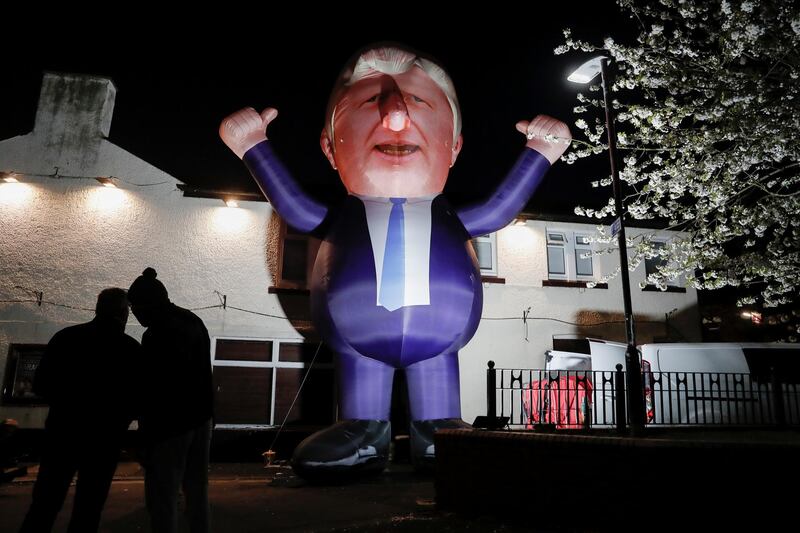 An inflatable figure of Prime Minister Boris Johnson is seen outside Mill House Leisure Centre as ballots were being counted, in Hartlepool. Reuters
