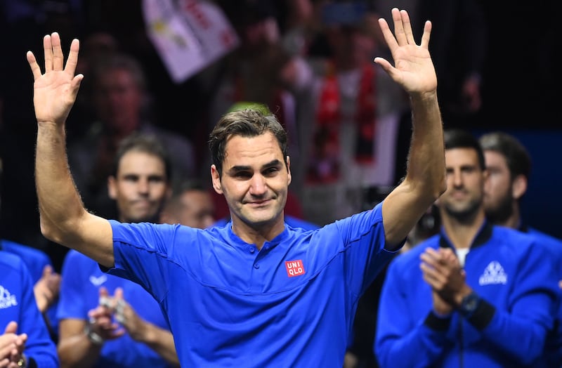 Team Europe player Roger Federer of Switzerland after a doubles match with Rafael Nadal of Spain, rear left, against Team World double Jack Sock of the US and Frances Tiafoe of the US on the first day of the Laver Cup tennis tournament in London, UK. The match was Federer's last before his retirement. EPA