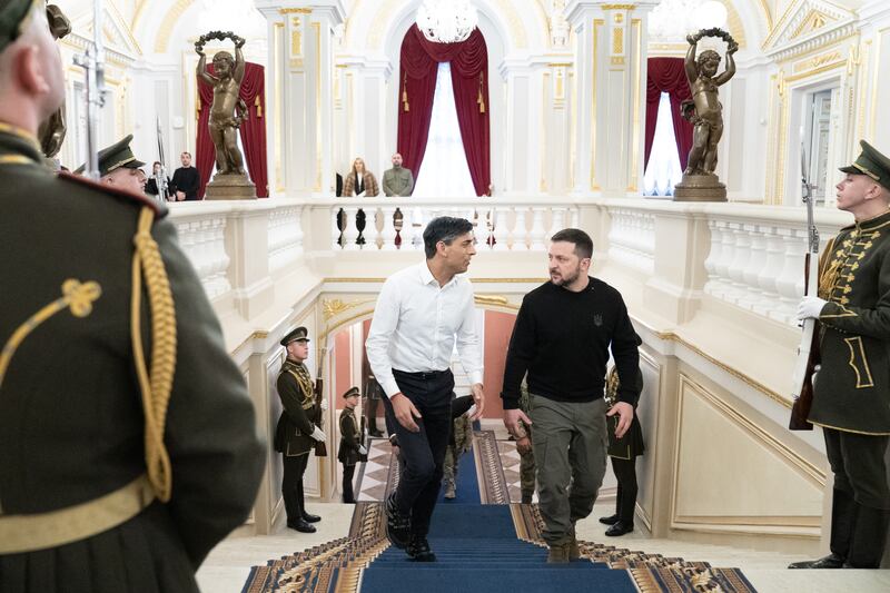 Mr Sunak and Mr Zelenskyy during a visit to the Presidential Palace in Kyiv. PA