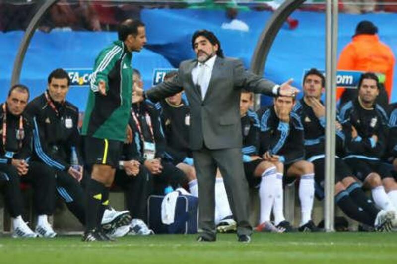 Diego Maradona gestures to an official during Argentina's match against Nigeria.