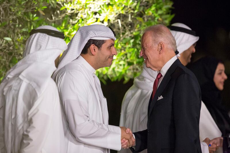 ABU DHABI, UNITED ARAB EMIRATES - March 07, 2016: HE Khaldoon Khalifa Al Mubarak, CEO and Managing Director Mubadala and Chairman of the Abu Dhabi Executive Affairs Authority (EAA) (L), greets Joe Biden, Vice President of the United States of America (R), prior to a dinner meeting at Emirates Palace.
( Ryan Carter / Crown Prince Court - Abu Dhabi )
--- *** Local Caption ***  20160307RC_C130480.JPG