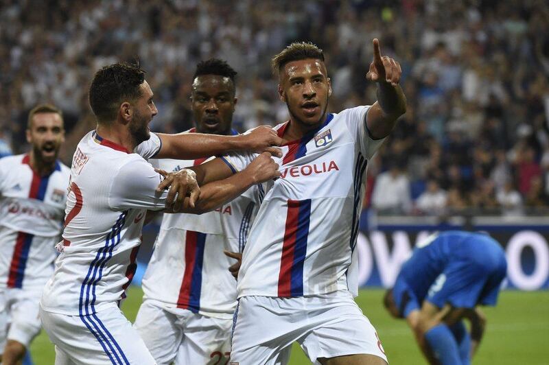 Lyon midfielder Corentin Tolisso celebrates after scoring against Dinamo Zagreb. Lyon won the match 3-0. Jean-Philippe Ksiazek / AFP