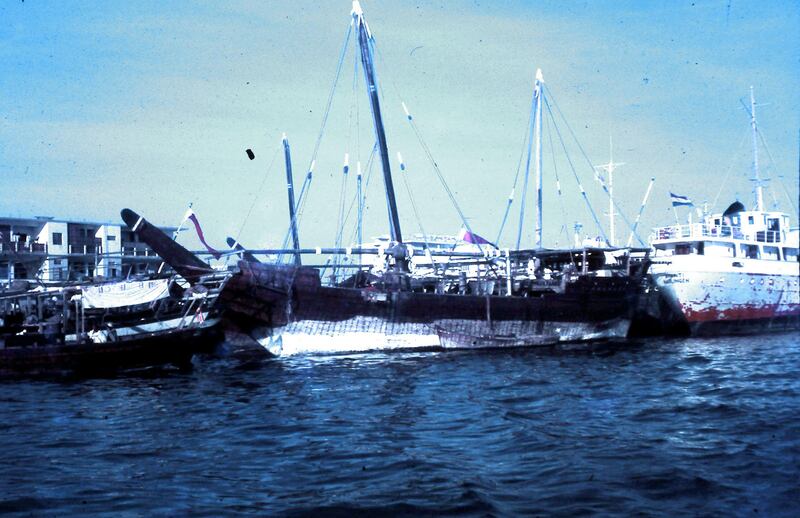 Dubai Creek, 1968, trading Dhows moored alongside a modern coaster. Neville:  ÒThe dhows were in better condition.Ó
 Taken while Neville was ÔmoonlightingÕ on an RAF Shackleton Ð he was with the British Army Air Corps in Sharjah. Handout photos by Nevile Ryton who served with the Britsih Army Air Corp. in Sharjah from 1967-1968. His photos show Abu Dhabi, Dubai, Ras Al Khaimah and Fujeirah.(Courtesy of Nevile Ryton) for Colin Simpson story?