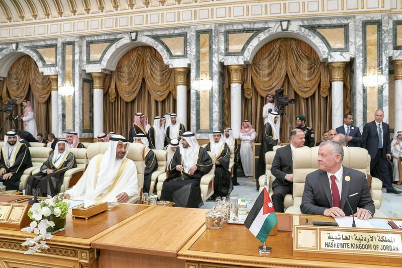 MECCA, SAUDI ARABIA - May 31, 2019: HH Sheikh Mohamed bin Zayed Al Nahyan, Crown Prince of Abu Dhabi and Deputy Supreme Commander of the UAE Armed Forces (), heads the UAE delegation to the Arab League emergency summit in Mecca.

( Mohamed Al Hammadi / Ministry of Presidential Affairs )
---