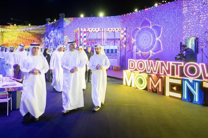 Sheikh Khalid bin Mohamed bin Zayed tours an event offering previews of the festivals in Abu Dhabi on Wednesday. Courtesy: Department of Community Development