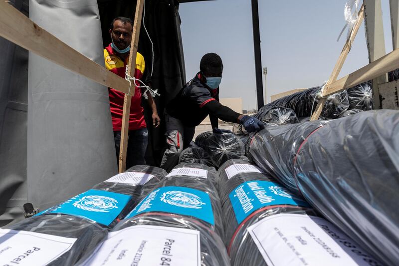 Aid items being loaded at the warehouses in International Humanitarian City. A joint event between Emirates Skycargo and the International Humanitarian City in partnership with WHO announcing a humanitarian airbridge to transport urgent COVID-19 relief items to India on May 9th, 2021. 
Antonie Robertson / The National.
Reporter: Kelly Clarke for National.