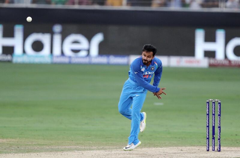 DUBAI , UNITED ARAB EMIRATES, September 19 , 2018 :- Kedar Jadhav of India bowling during the Asia Cup UAE 2018 cricket match between Pakistan vs India held at Dubai International Cricket Stadium in Dubai. ( Pawan Singh / The National )  For Sports. Story by Paul