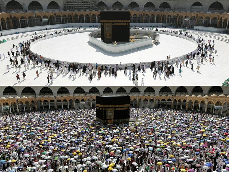 (FILES) (COMBO) This file combination of photos created on March 07, 2020, shows a small crowd of worshippers around the sacred Kaaba in Mecca's Grand Mosque on March 7, 2020, and a large crowd during the pilgrimage, on August 13, 2019. Saudi Arabia's hajj minister asked Muslims on March 31, to temporarily defer preparations for the annual pilgrimage, after the suspension earlier this month of the year-round "umrah" visits over fears of the new coronavirus spreading to Islam's holiest cities, an unprecedented move that raised uncertainty over the annual hajj. / AFP / Abdel Ghani BASHIR
