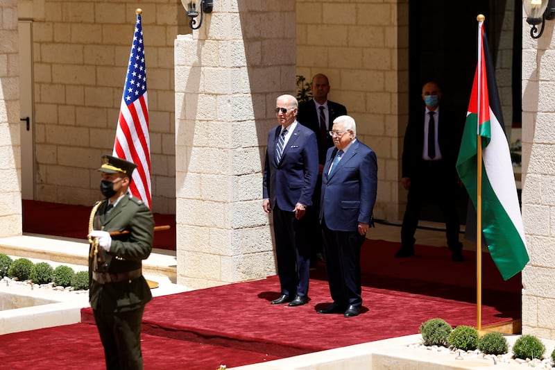 Palestinian President Mahmoud Abbas welcomes US President Joe Biden to the Israeli-occupied West Bank. Reuters