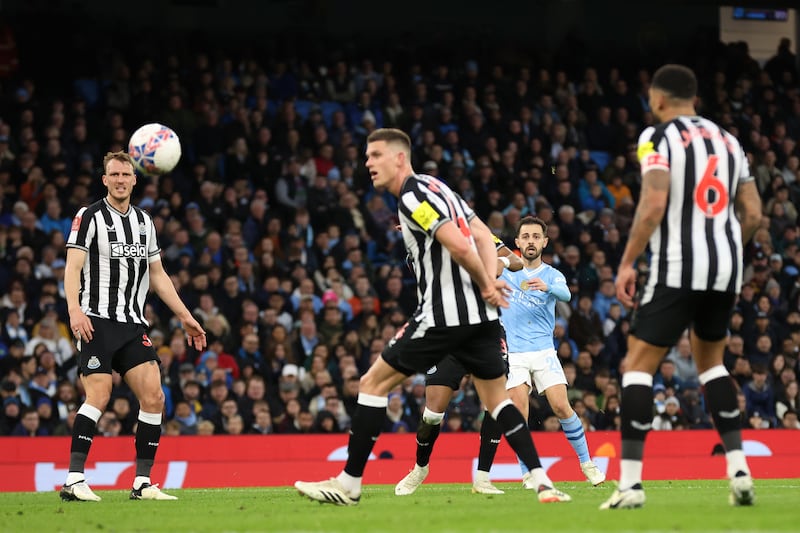 Bernardo Silva of Manchester City scores his team's second goal during the Emirates FA Cup quarter-final between City and Newcastle United. Getty Images